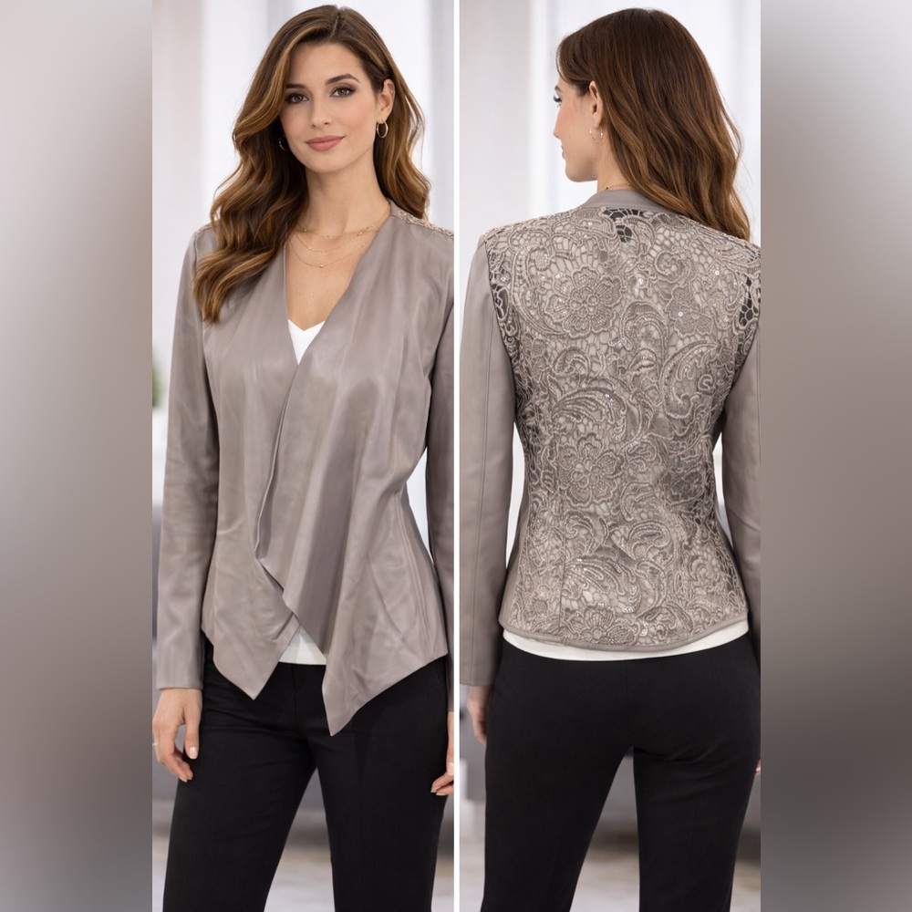 INC drape front pleather jacket with lace detailing on back